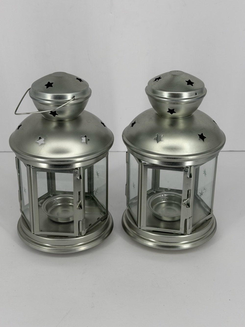 Lot Of 2 IKEA Rotera Tea Light Lanterns Silver Metal Etched Glass